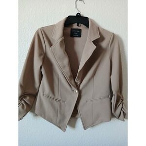 Love Tree Women's Beige Tan Blazer Jacket Medium Ruched Sleeves Stretch Dressy